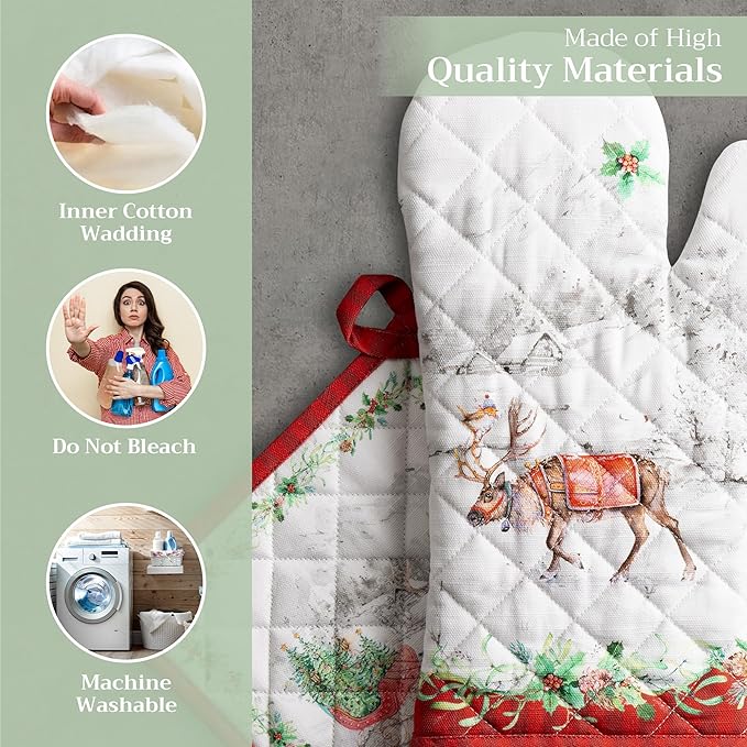 Maison d' Hermine 100% Cotton Oven Mitt & Pot Holder Set (7.5"x13" & 8"x8") Heat Resistant BBQ Cooking Gloves with Loop for Thanksgiving Christmas Decorations Handling Hot Pans (Christmas Tradition)