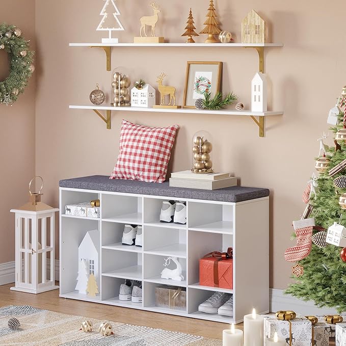 DINZI LVJ Long Wall Shelves, Set of 4, 47.3" Wall Mounted Shelves, Large Floating Shelves for Storage with Metal Brackets, for Living Room, Bathroom, Bedroom, Kitchen, White and Gold