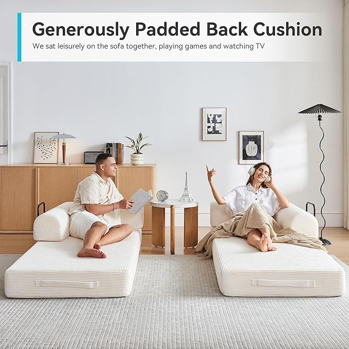 Convertible Folding Mattress Couch, 5-in-1 Futon Sofa with Armrests, Sleeper Mattress Sofa Bed Comfy Fold Out Bed for Living Room, Bedroom, Lounge,Guest, Office (Beige White)