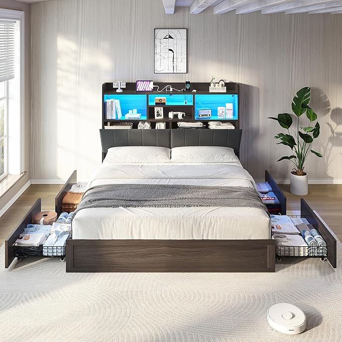 Full Farmhouse Bed Frame with Bookcase Headboard and 4 Drawers, LED Storage Bed with Charging Station & Linen Upholstered, No Box Spring Needed, Black