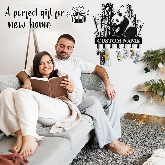 Bamboo Panda Animal Wall Key Holder | Metal Key Organizer with Hooks | Coat Rack & Wall Decor for Front Door & Hallway