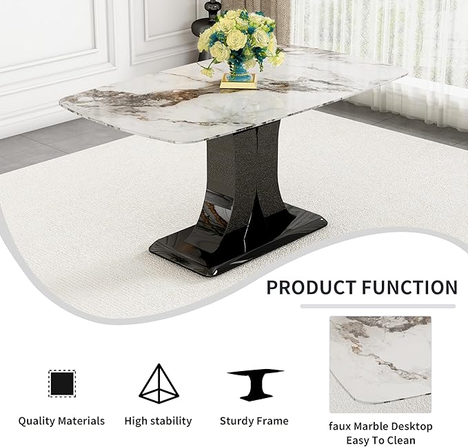 Modern Dining Table Set for 4, Marble Kitchen Table Chair Set for 4, Rectangular Kitchen Table with 4 Pu Leather Upholstered Chair for Dining Room (Brown-C, White Table Set for 4)