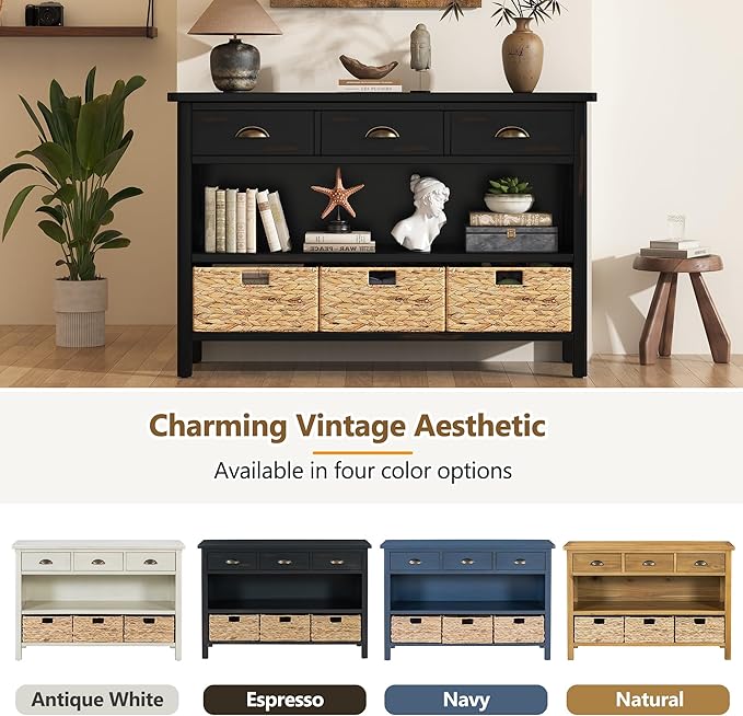 GDFStudio 47" Retro Console Table with 3 Drawers & 3 Water Hyacinth Baskets, Wooden Entryway Buffet Table with Lower Shelf, Vintage Side Board Storage Cabinet for Entryway Hallway Living Room, Black