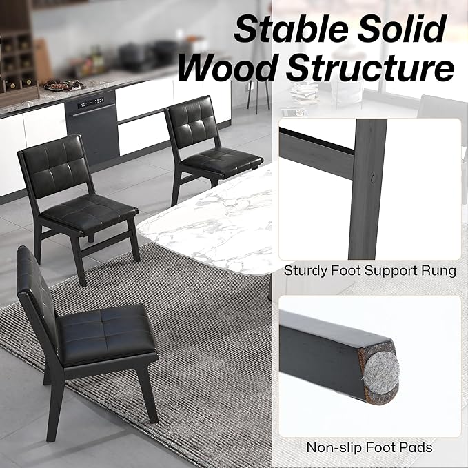 KCC Modern PU Leather Dining Chairs Set of 4, Upholstered Kitchen Chairs with Solid Wood Legs and Comfortable Seat for Dining Room/Lounge/Bedroom(Black)