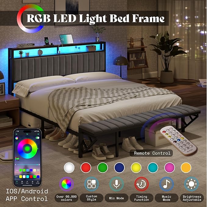 King Bed Frame with LED Light and Charging Station, Velvet Upholstered Headboard with Storage Shelf, Heavy Duty Metal Slats/No Box Spring Needed/Easy Assembly, Grey