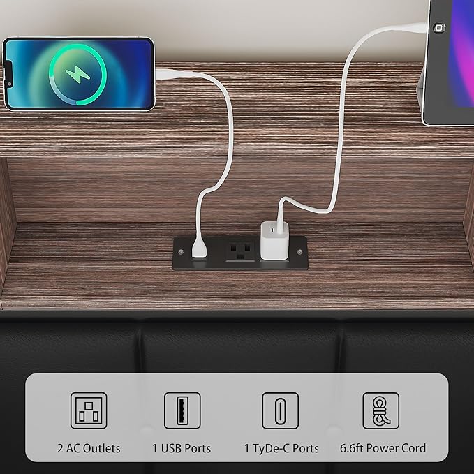 VECELO Farmhouse Metal Bed Frame Full Size with Wooden Headboard & Footboard, Solid Platform Mattress Foundation with Storage, LED Light, Charging Station, USB Ports, Noise-Free, Easy Assembly, Black