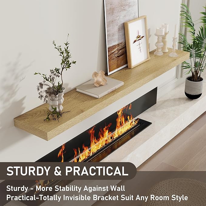 Fun Memories 55 Inch Long Floating Shelves for Wall, 8" Deep Floating Shelves for Bathroom Living Room Bedroom, Rustic Wall Mounted Shelf with Invisible Heavy-Duty Bracket, Set of 2, Oak