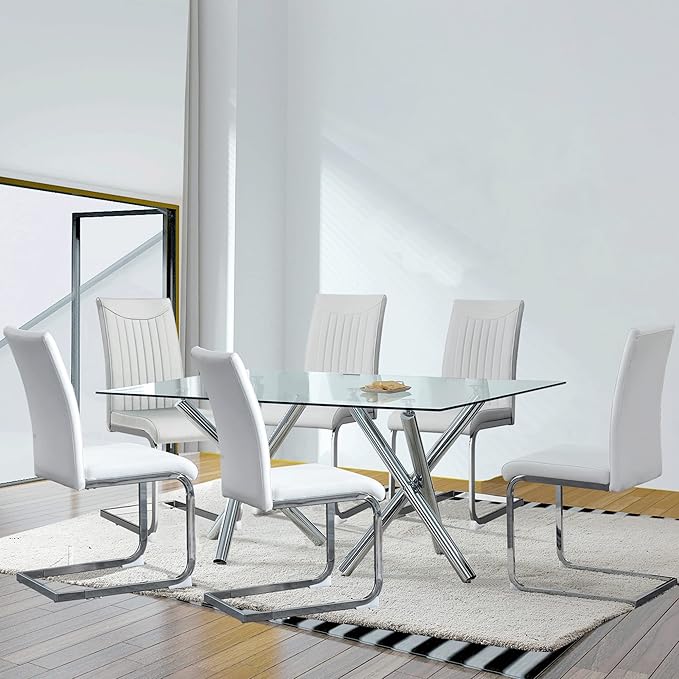 Modern Glass Dining Table for 6-8, Rectangular Glass Kitchen Table with Tempered Glass Tabletop and Silver Chrome Metal Legs for Kitchen Dining Room (Silver2)