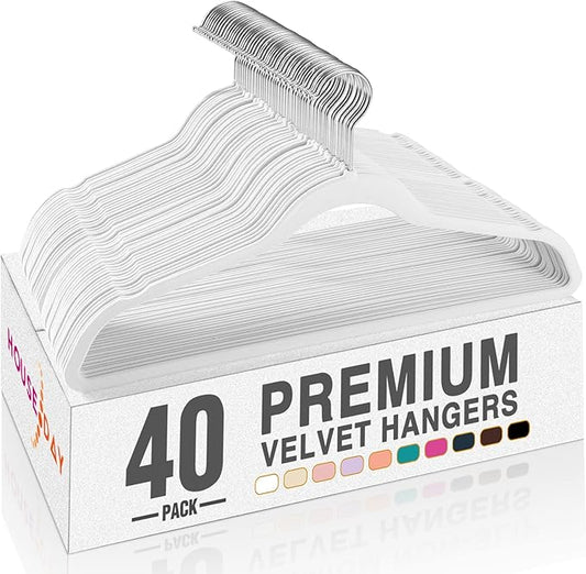 HOUSE DAY White Velvet Hangers 40 Pack, Non Slip Clothes Felt Hanger Heavy Duty for Coat, Premium Slim Space Saving Suit Hangers for Closet Organizer, 360° Rotating Silver Hook