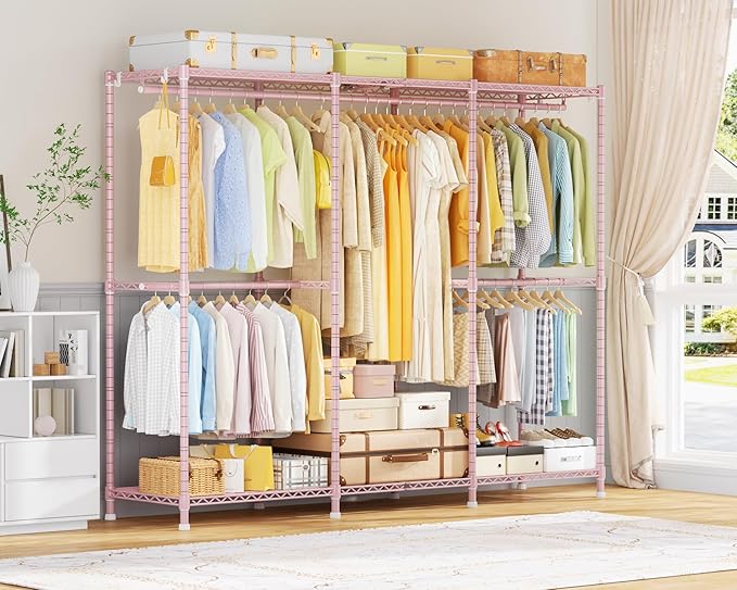 E14 Heavy Duty Clothes Rack，Freestanding Clothing Racks for Hanging Clothes，Adjustable Closet Organizers and Storage，Metal Garment Rack with Shelves 69" W x16 D x77 H，Max Load 960LBS，Pink