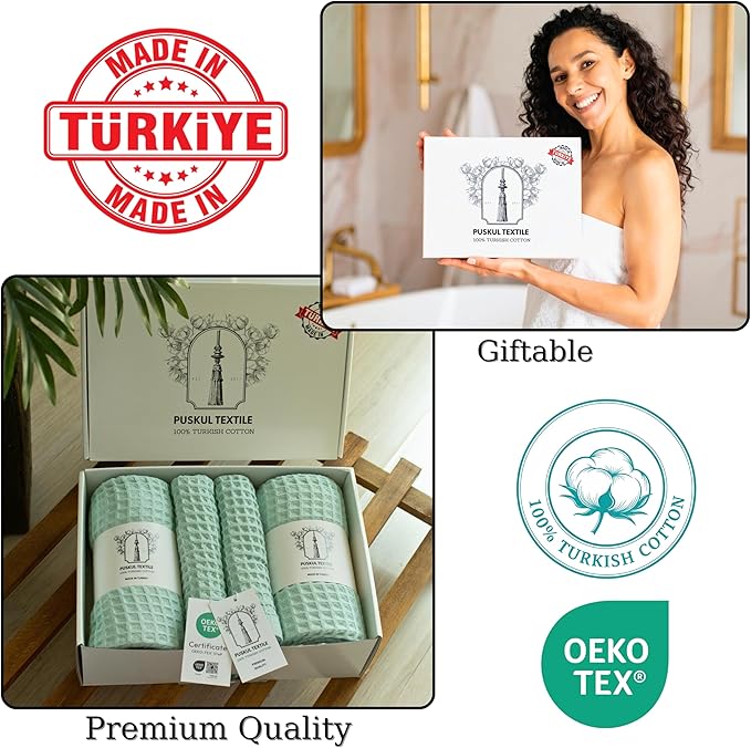Püskül - Luxury Waffle Towel Set for Bathroom 4 Pieces Ice Green, Premium Quality Organic 100% Turkish Cotton 2 Hand and 2 Bath Towels Sets, Quick Dry Thin Waffle Towels, Made in Turkiye (Ice Green)