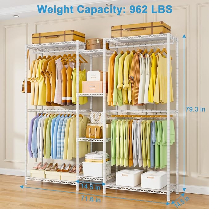 Ulif E4 Clothes Rack, Heavy-Duty Garment Rack, Metal Freestanding Clothing Organization Storage System Can Be L-shaped with Shelves and Hangers, Max Load 962lbs, 71.6" W x 14.5" D x 79.3" H, White