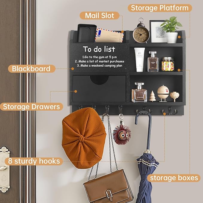 Key Holder Wall Mount, 14.5x11.2x3.5'' Larger 3-Tier Shelf 8 Hooks Drawer Storage,Wooden Key and Mail Holder for Wall,Farmhouse,Home,Living Room,House,Office Decor,Hats,Bag,Dog Leash Hanger Organizer