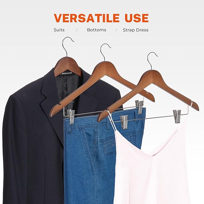 HOUSE DAY Wooden Hangers with Clips 24 Pack, Heavy Duty Walnut Wood Pants Hanger, Premium Skirt Hanger with Adjustable Clips, Solid Clip Hangers for Suit, Blouse, Dress, Coat, Jacket, Bottom