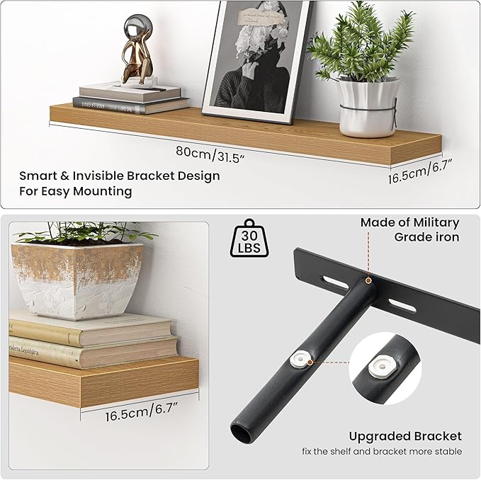 Heimlove Floating Shelves for Wall 32 Inch,Mounted Storage Wood Shelves with Invisible Brackets Hanging Shelf for Bedroom Living Room Kitchen Office,Set of 2,Oak Color