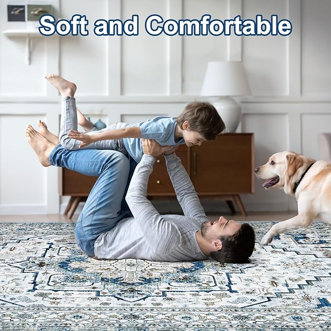 Area Rugs for Living Room 8x10 - Large Machine Washable Vintage Oriental Soft Rugs, Low Pile Thin Floor Carpet with Non Slip Backing for Bedroom, Dorm, Under Dining Room Table, Indoor House, Office