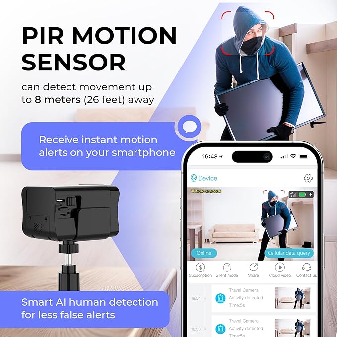 No WiFi Security Camera, 4G LTE Cellular Security Camera Wireless Indoor Cam with Night Vision, Built-in SIM Card, 20 Day Standby Battery, Dual Lens, 6X Hybrid Zoom, Human/PIR Motion