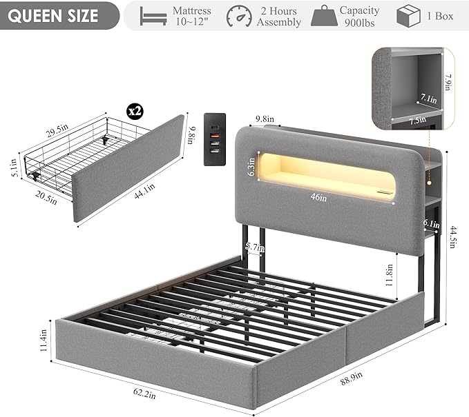 HOSTACK Queen LED Bed Frame with Storage Headboard and Charging Station, Boys Bed Frame with 2 Drawers and USB Ports, Velvet Upholstered Platform Bed Frame with Bookcase, No Box Spring Needed, Grey