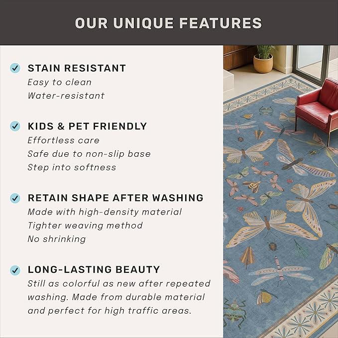 Dusty Blue Bathroom Rug 2x4 - Aqua Blue Rug for Entryway Indoor Entrance, Kitchen Floor, Washable Low Pile Stain & Fade Resistant, Waterproof Insect Floral Decor