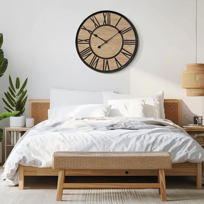 Large Wall Clock for Living Room Decor, Non Ticking Silent, Battery Operated Modern Vintage Wood Oversized Decorative Wall Clock for Bedroom Kitchen Farmhouse Office Decor