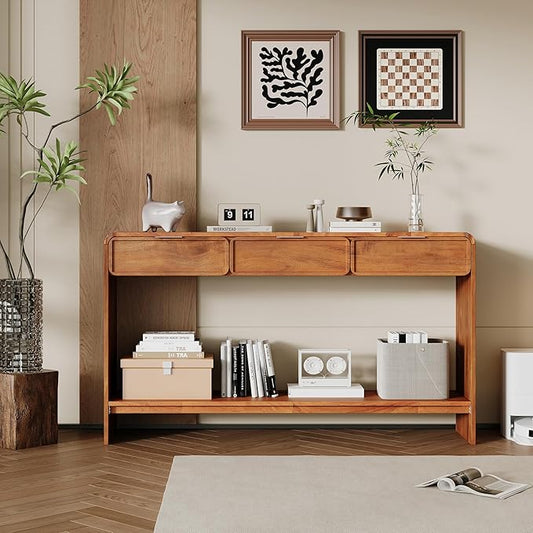 Christopher Knight Home Tida Vintage Narrow Console Table with Drawers, Solid Wood Entryway Table with Open Storage Shelf, Behind The Couch Long Sofa Table for Living Room, Brown