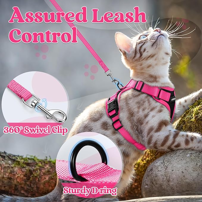 rabbitgoo Cat Harness and Leash Set, Escape Proof Soft Adjustable Vest Harnesses for Outdoor Walking, Easy Control Breathable Kitten Jacket with Reflective Strips, Black & Rose Pink, XXS