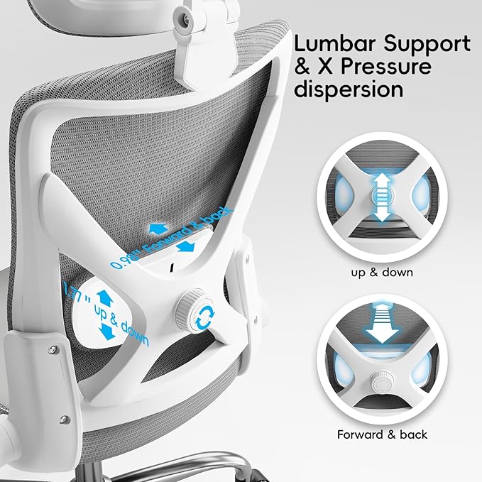 Ergonomic Office Chair-Computer X-Shaped Chair Mesh PU Leather with Adjustable Lumbar Support-Executive Desk Chair High Back with Headrest Flip-Up Arms for Long Hours (White-Grey)