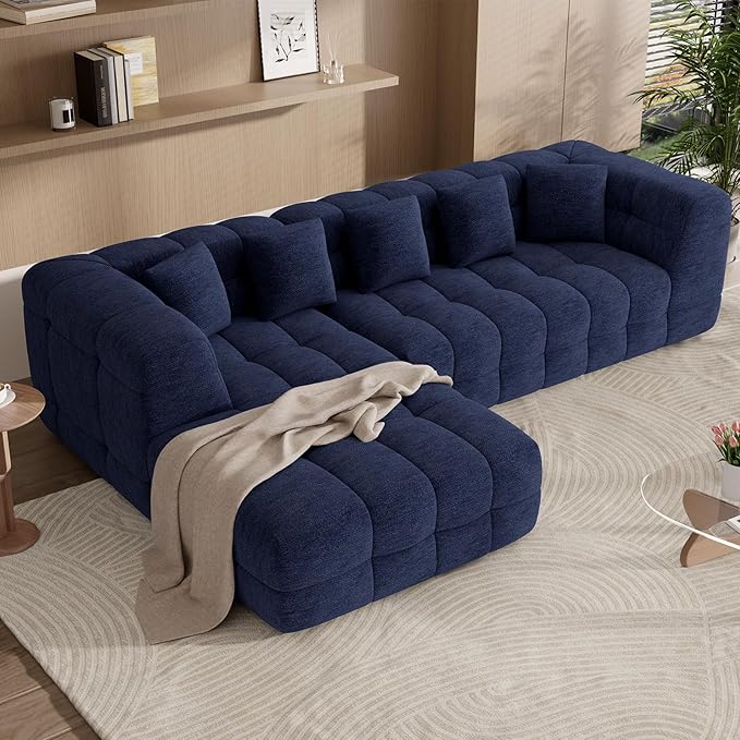 107" Modern Boneless Couch with L - Shaped Chaise, Comfy Chenille Modular Sectional Sofa with Tufted Design, Deep Seat Upholstered Sofa Bed, No - Assembly Sectional Couch, Blue