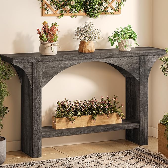 55 Inches Console Table,2 Tier Farmhouse Entryway Table,Narrow Wood Accent Tables with Storage Shelves for Living Room,Entrance,Hallway,Foyer (Gray)