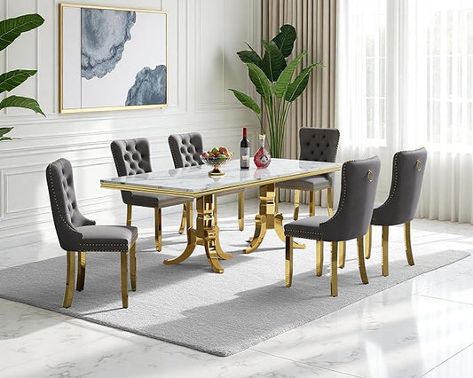 70" Faux Marble Dining Table Set for 6, 7-Piece Dining Set with White Gold Kitchen Table and 6 Velvet Tufted Chairs, Modern Rectangular Dining Room Table with American-Shape Stainless Steel Base
