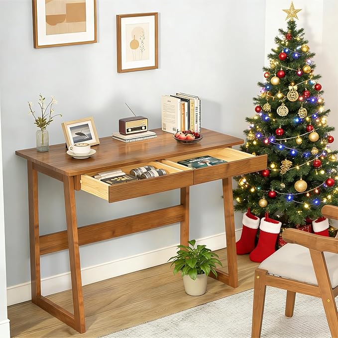 Solid Wood Desk with Drawers - 39 x 18 Inch Mid Century Modern Desk, Vintage Desks with Drawers, Small Writing Desks for Small Spaces|Bedroom, Living Room & Office - Walnut Color