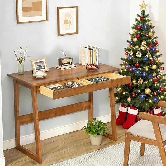 Solid Wood Desk with Drawers - 39 x 18 Inch Mid Century Modern Desk, Vintage Desks with Drawers, Small Writing Desks for Small Spaces|Bedroom, Living Room & Office - Walnut Color