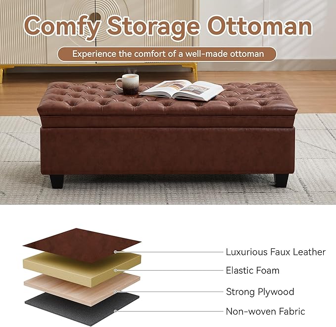 50" Faux Leather Storage Ottoman Bench, Upholstered Rectangle End of Bed Storage Ottoman Tufted Living Room Bedroom Bench with Safety Hinge, Solid Wood Legs, Loads 500 lb(Brown)