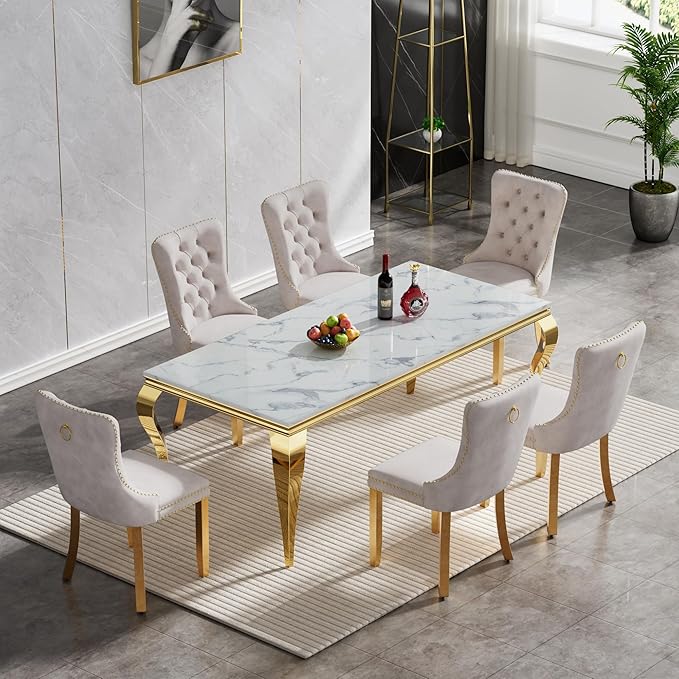 70" Marble Dining Table Set for 6, Modern 7 Piece Dining Room Table Set with White Faux Marble Dining Table & 6 Beige Velvet Upholstered Chairs, Luxury Gold Kitchen Table Chairs Set of 6