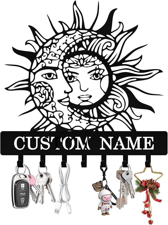 Personalized Moon Sun Key Holder Wall Mount, Custom Metal Key Holder for Wall with Name, Custom Keys Rack Hanger with Hooks for Entryway, Front Door, Hallway, Living Room, Kitchen