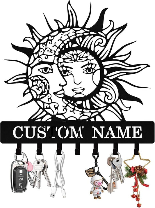 Personalized Moon Sun Key Holder Wall Mount, Custom Metal Key Holder for Wall with Name, Custom Keys Rack Hanger with Hooks for Entryway, Front Door, Hallway, Living Room, Kitchen