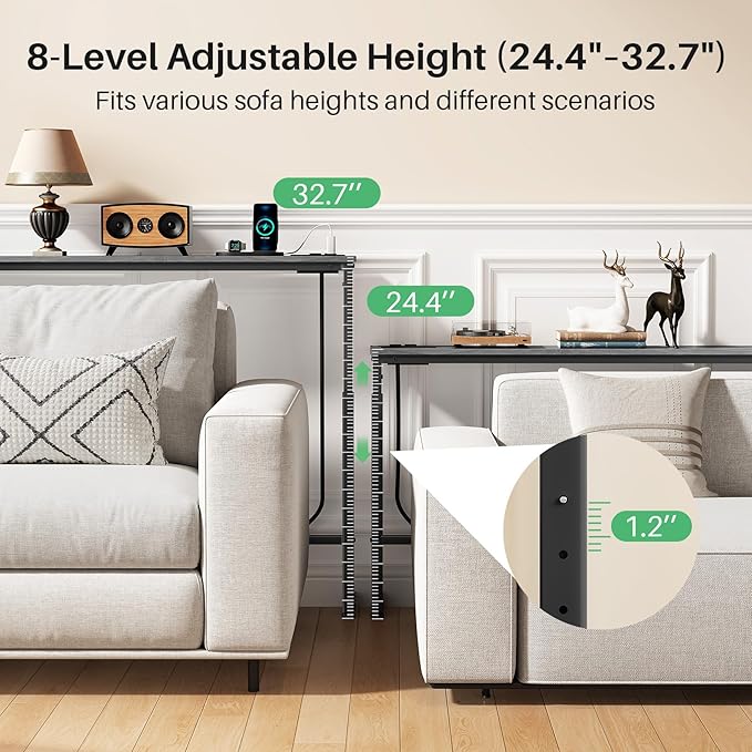 Kitstorack 2-Pack Dark Gray Console Table, 7.9" Deep Panel, Adjustable Height (25"-33") & with 2 Power Outlets, Behind Sofa Couch Table, Use Together or Separately, 79" L