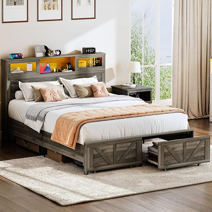 Yoobure Farmhouse Queen Bed Frame with Headboard - Bed Frame Queen Size with Charging Station & LED Lights, Wood Bedframe Queen-Size with 2 Storage Drawer, Platform Beds, No Box Spring Needed, Grey