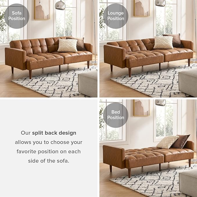 mopio 76.4" Futon Sofa Bed, Couch, Loveseat, Sleeper Sofa, Mid Century Modern Futon Couch, Sofa Cama, Couches for Living Room (Aaron PU, Pecan Brown)