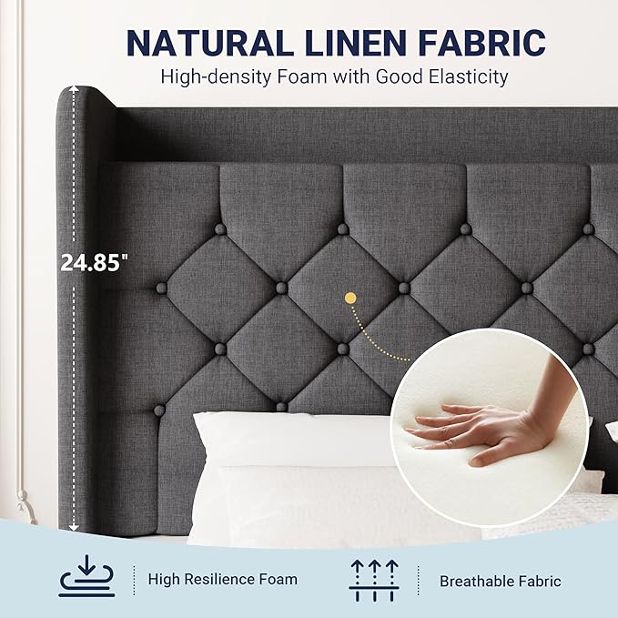 Allewie Full Size Bed Frame, Storage Headboard with Charging Station, Wingback Linen Upholstered, Diamond Stitched Button Tufted, Sturdy Wooden Slats, No Box Spring Needed, Easy Assembly, Dark Grey