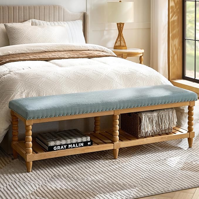 HULALA HOME Farmhouse Entryway Bench, 58" Fabric Bed Bench with Shelf, Solid Spindle Legs, Nailhead Trim Detail for Bedroom, Living Room, Hallway, Blue