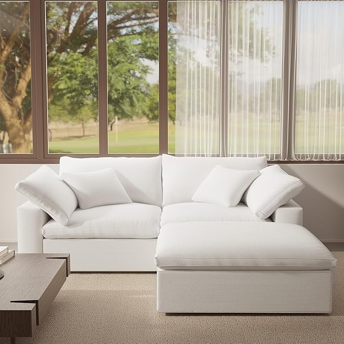 Modular Sectional Cloud Sofa Couch,L Shape 2 Seaters with Chaise Modern Down Filled Sofas Detachable Couch Cushion Covers Couches for Living Room Office Apartment,White