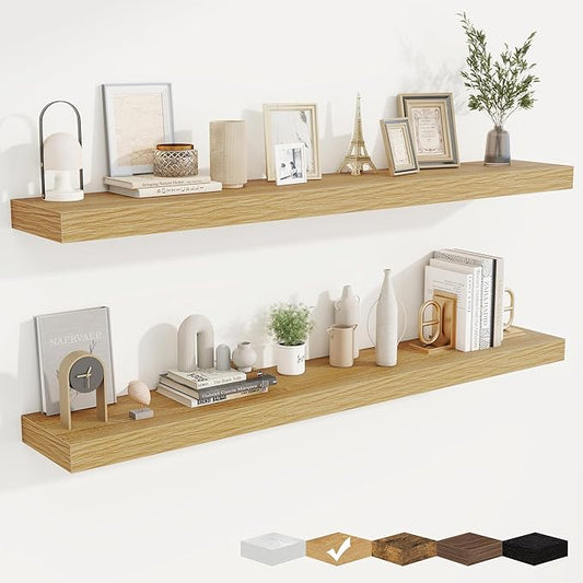 fuqing Floating Shelves for Wall, Wall Mounted Wood Floating Shelf with Invisible Brackets for Living Room, Bathroom, Bedroom, Kitchen Storage and Decor, 55 Inch Set of 2, Oak