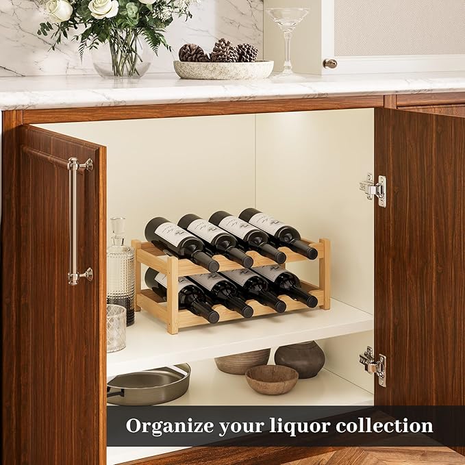 Wine Rack，Bamboo Wine Storage Cabinet Shelf，Countertop Wine Shelf- Freestanding Wine Holder for Kitchen & Pantry (Natural, 2-Tier)