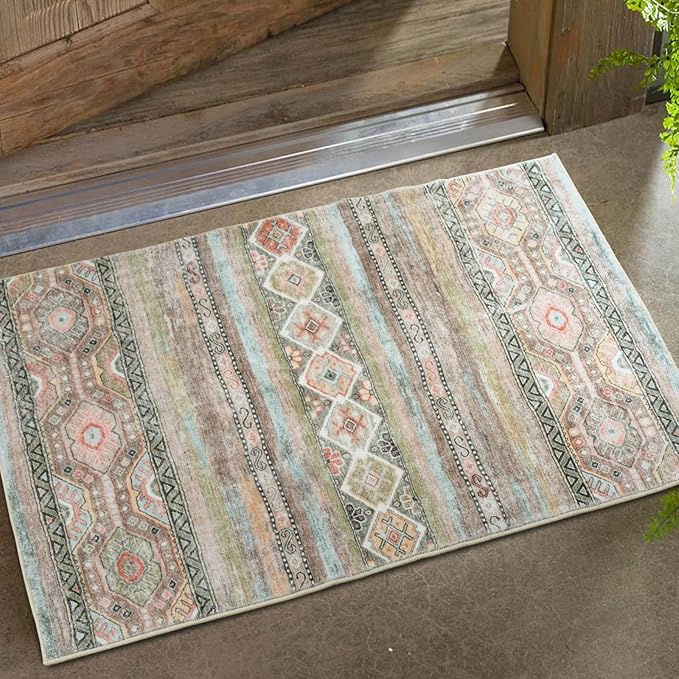 Area Rug 2x3 Distressed Small Entryway Rug Vintage Doormat Faux Wool Non-Slip Washable Low-Pile Floor Carpet for Indoor Front Entrance Kitchen Bathroom (Olive 2x3)