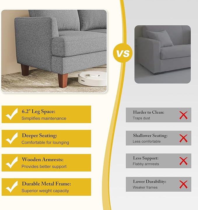 3 Seater Sofa Couch with Deep Seats, 89" Mid Century Modern Upholstered Sofa with Armrests, Comfy Couches for Living Room, Bedroom, Apartment and Office (Grey)