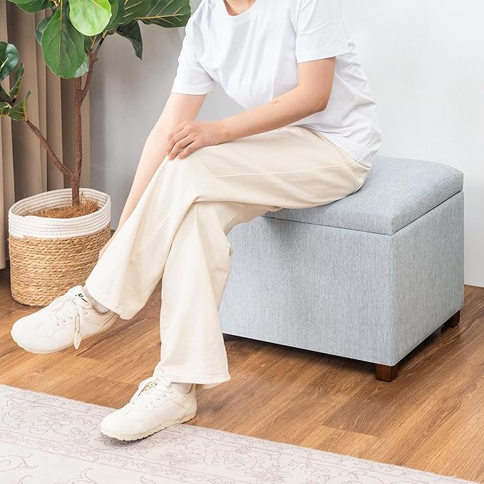 Joveco 24" Linen Storage Ottoman Bench, Rectangle Foot Rest Stool for Living Room, Bedroom, Entryway, Linen Llight Bue
