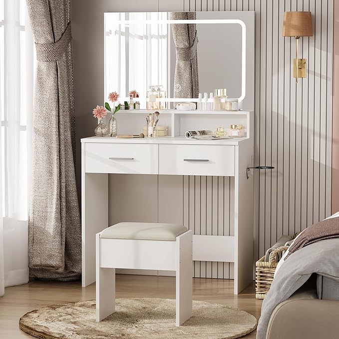 GarveeHome Vanity Desk with Mirror and Lights, 3 Color Modes Makeup Vanity with Cushioned Stool, 2 Drawers & Charging Station, Modern Dressing Table for Bedroom, Makeup Studio, White