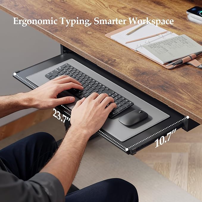 Klicelor 55 Inch Electric Standing Desk with Drawers and Keyboard Tray, Height Adjustable Desks for Home Office, Sit Stand Up Computer Workstation with Two Pieces, Rustic Brown