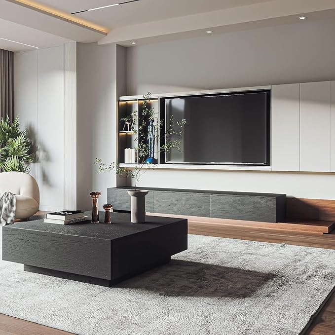 POVISON Modern Square Coffee Table with Drawers, 35.43" Wood Coffee Table for Living Room Home Office, Fully-Assembled Black